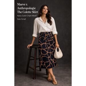 Maeve x Anthropologie The Colette Skirt Navy Gold Chain Motif | Size Small